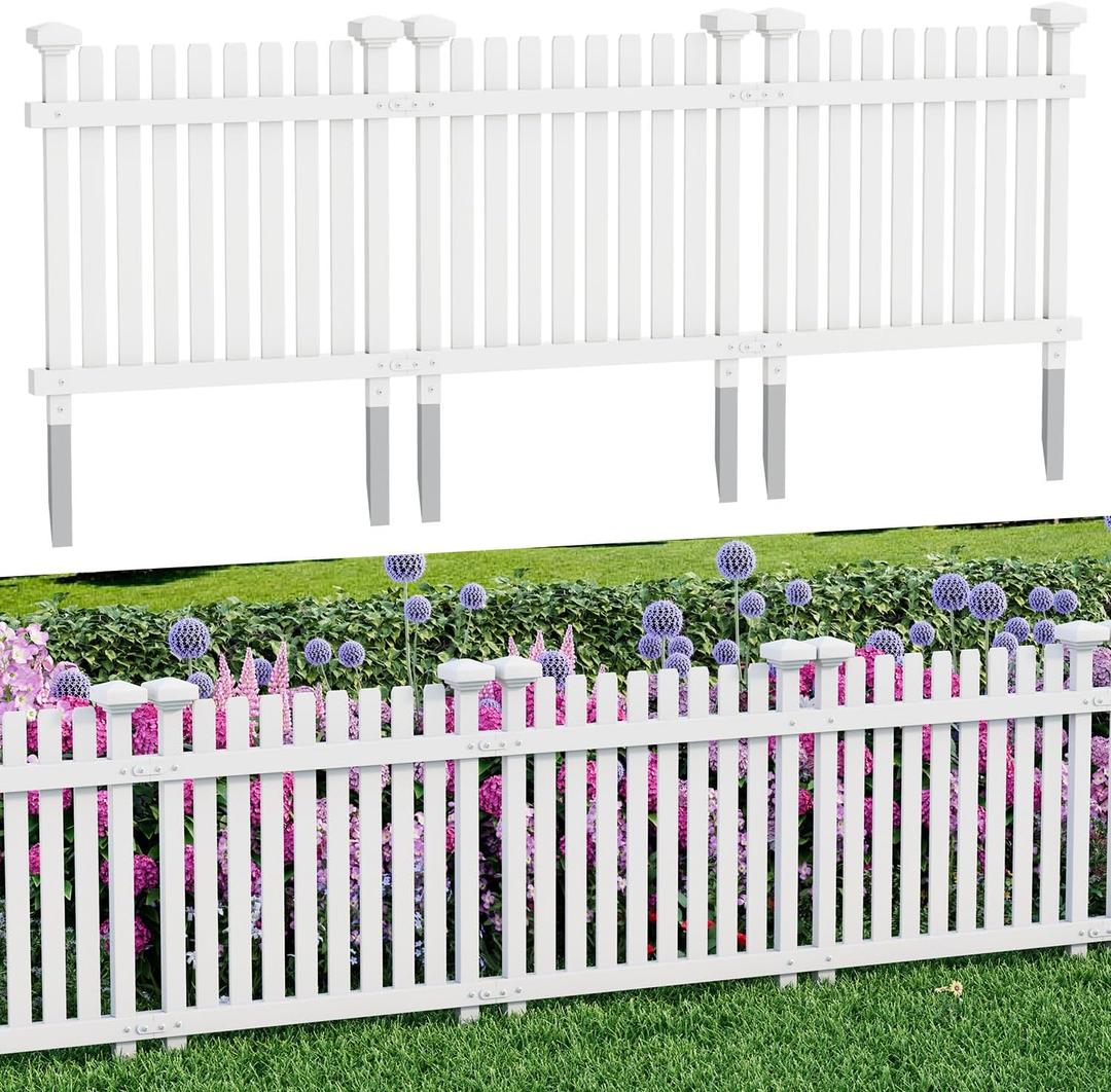 MELLCOM No Dig Garden Picket Fence, 3-Panel 24''W x 24''H Decorative Privacy Fence with Metal Stakes, Garden Fence Border for Backyard, Patio & Yard, White