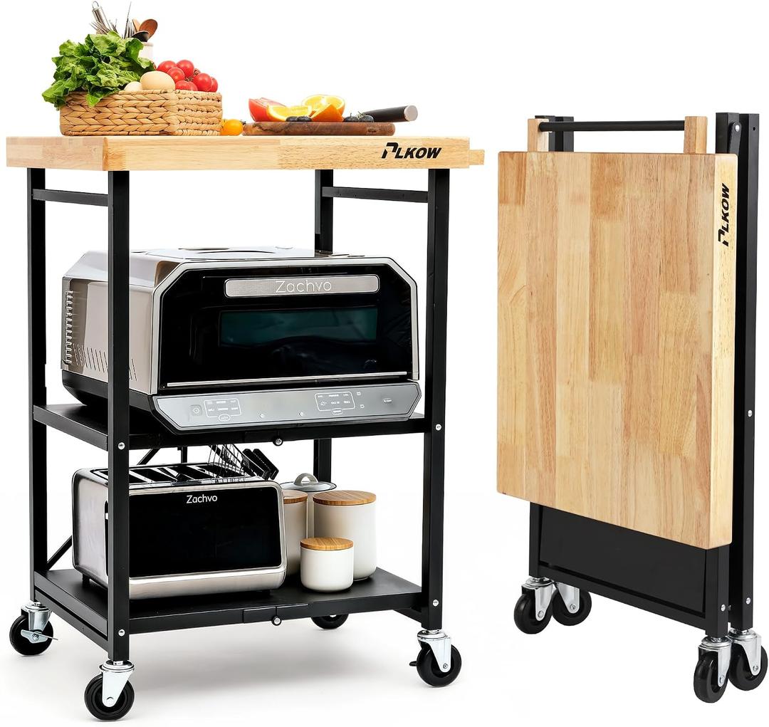 PLKOW Foldable Kitchen Cart with Solild Oak Wood Top, Rolling Kitchen Island on Wheels, 3-Tier Storage Utility Cart for Microwave, Toaster Oven, Small Spaces, 25.39 x 19.6 x 35.83 inches