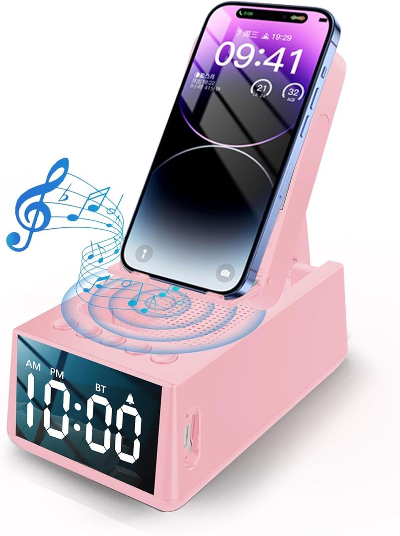Christmas/Birthday Gifts for Women - Bluetooth Speaker with Clock, Alarm Clock Bluetooth Speaker Stocking Stuffers Desk Accessories for HerBlush Pink