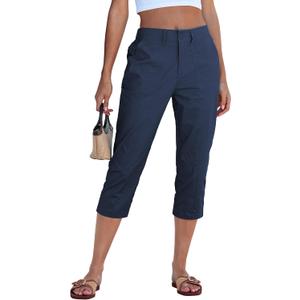 GRAPENT Capri Pants for Women High Waisted Relaxed Fit Elastic Waist Casual Capris Trousers Crop Chino Pants with Pocket, Blue, Small