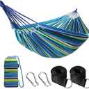 ANYOO Cotton Hammock Portable Camping Hammocks for Hanging Sturdy Garden Comfortable Fabric Hammock with Tree Straps Up to 660lbs with Travel Bag for Camping Outdoor/Indoor Patio Backyard, Blue/Yellow/Green Stripe