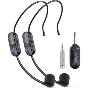 Wireless Microphone Headset Double Professional: Cordless Mic Head for Two People, Heads Handheld Mics 2 in 1- USB-C Rechargeable - 1/4'' and 1/8'' Plug for PA System, Voice Amplifier,Teaching,Fitness