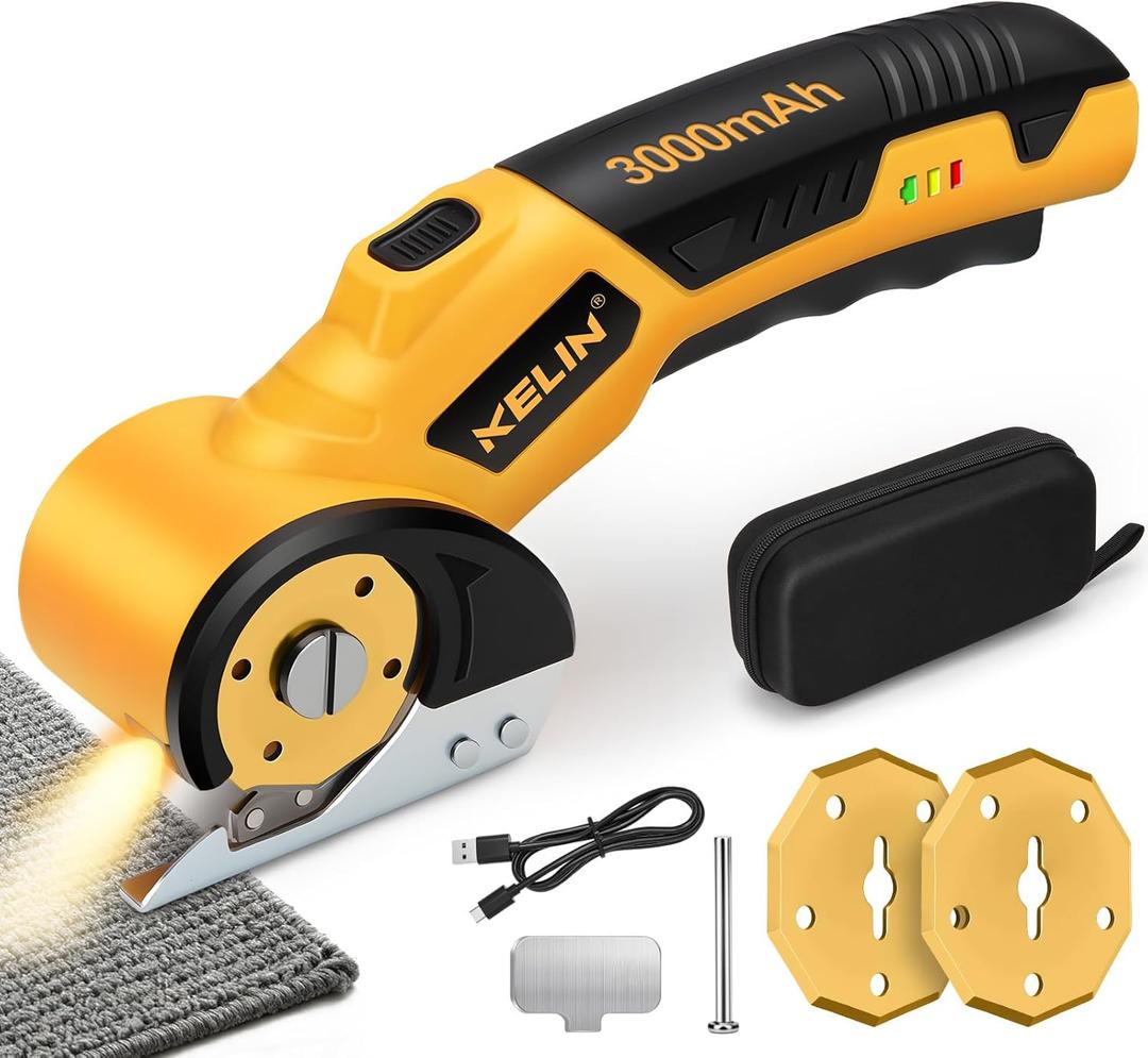 2026 New 3000mAh Cardboard Box Cutter with 2 Titanium Blades, Cordless Electric Scissors with Safety Lock & LED Light, Storage Box, 300RPM, 4.2V, Cutter for Fabric Carpet Carton Plastic Leather Cloth (Yellow/Orange)