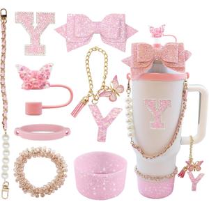 8PCS Stanley Cup Accessories set for 40oz & 30oz Tumbler with Handle,Including Straw Topper,Boot,Water Bottle Handle Strap,Straw Bow Decorate,Bracelets,Letter Charm,Initials Sticker,Cup Ring（Pink Y）