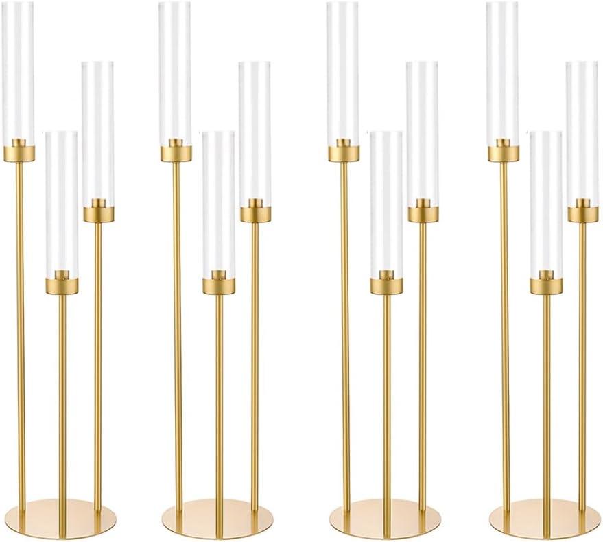 Vincidern 4pcs Gold Candelabra 3 Arm Taper Candle Holders with Acrylic Lampshade, 33.8'' Tall Candelabra Centerpiece for Table, Wedding, Party, Events Decorations, Candlestick Holders Fit LED Candles