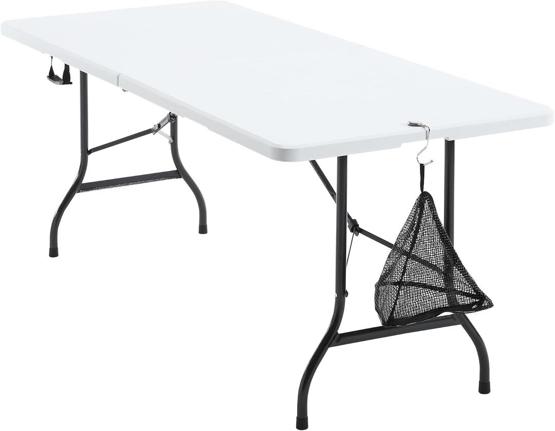 VECELO 6Ft Folding Picnic Portable Table,with Mesh Bag Indoor Outdoor,Heavy Duty Foldable Plastic Camp Desk with Handle Legs for Dining Wedding&Party,White