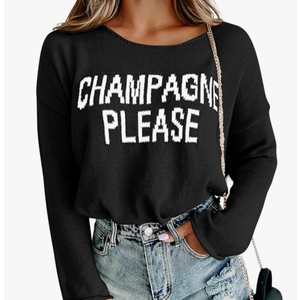 Womens Fashion 2025 Champagne Please Graphic Long Sleeve Pullover Sweater Loose Crewneck Knitted Sweatshirt Tops S