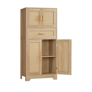 47.2" H Tall Storage Cabinet with Adjustable Shelf, Rattan Cabinet with Large Drawer, Cupboard for Living Room, Dining Room, Entryway, Home Office, Natural