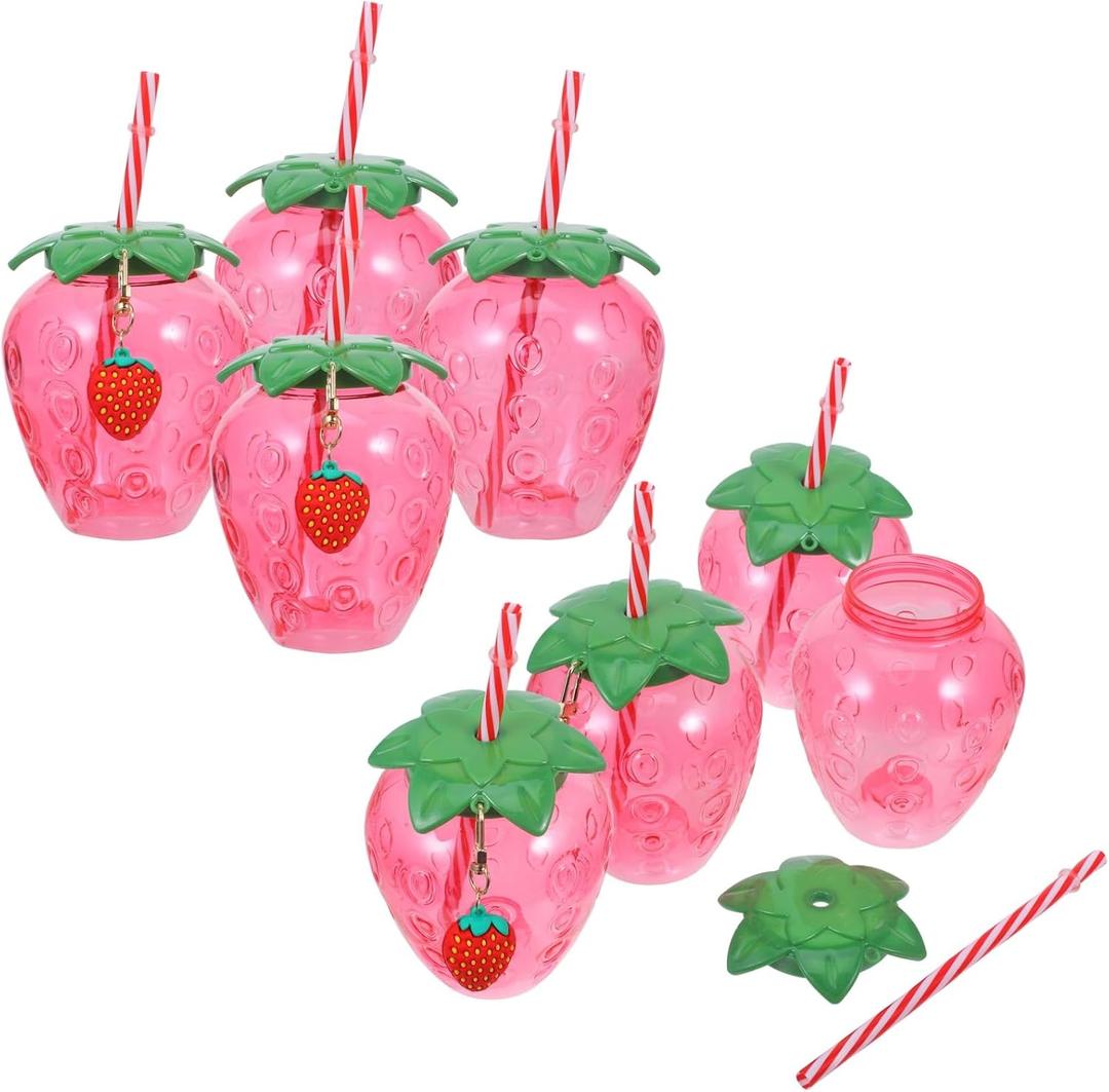 Ciieeo Strawberry Plastic Cups with Straws 8 Pcs Kids Drinking Cups for Summer Parties and Birthday Events 4.72X3.93X7.48In Fashionable Fruit Straw Cups