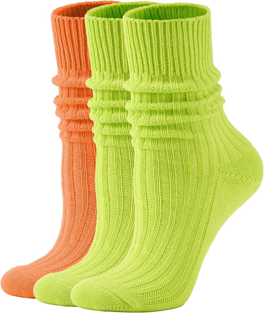 AugRing Women's Neon Scrunch Crew Socks 80s 90s Retro 3-Pack Cotton Stacked Boot Calf Cozy Ribbed Slouchy Socks Size 5-11 (2-neon Green/1-neon Orange)