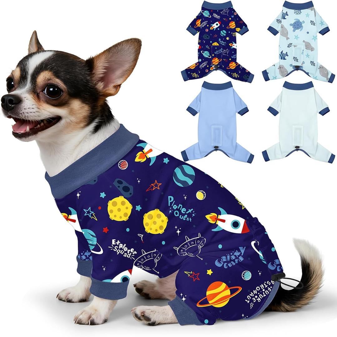 Bienbee Dog Pajamas, 4 PCS Dog Jammies Onesie Pjs Soft Stretchy Doggie Pajamas Dogs Clothes Costume for Small Medium Large Dogs Boy Girl(Rockets and Marine Animals Set)-XS