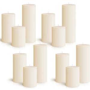 Sumind Set of 12 Pillar Candles Bulk 3"x 4", 6", 8" Dripless Unscented Poured Candles Long Clean Burning Tapers for Wedding Rustic Party Spa Bath Home Decor Relaxation All Occasions(Ivory)