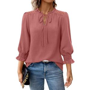 siliteelon Peasant Blouses 3/4 Length Sleeve Womens Tops Ruffle Collar Tie V Neck Lace Shoulder Dressy Casual Summer 2026, Size M