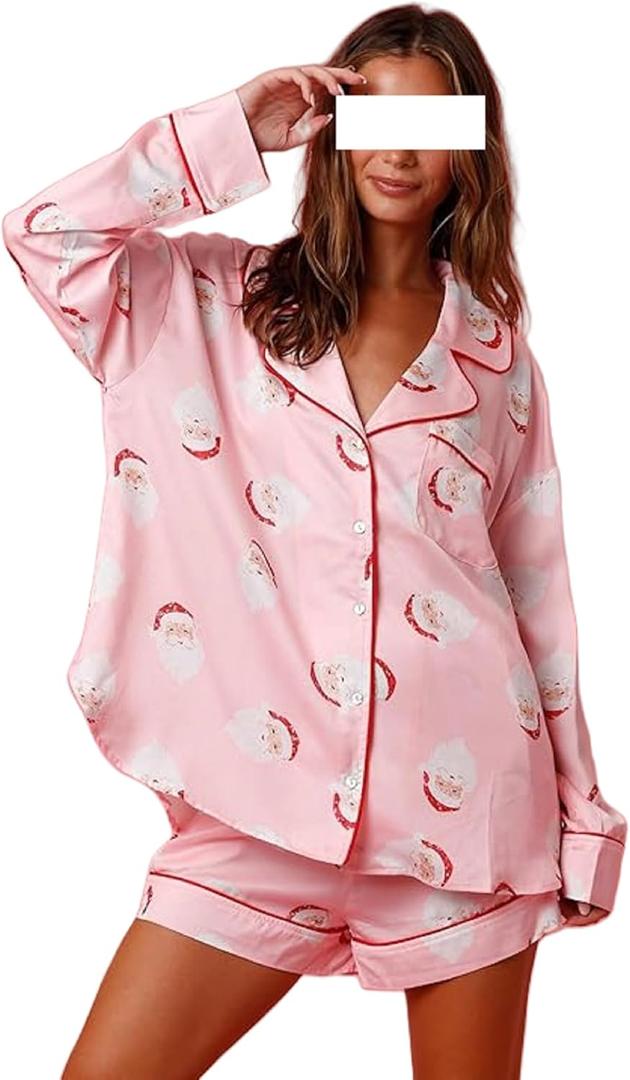 NUFIWI Women Christmas Pajamas Pjs Set Cute Santa Colorful Pj Long Sleeve Shirt Lounge Shorts 2 Piece Holiday Sleepwear (Pink, M)