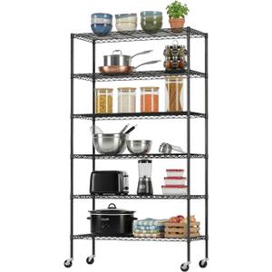Storage Shelves 2100Lbs Capacity, 6-Shelf on Casters 45" L18" W82" H Commercial Wire Shelving Unit Adjustable Layer Metal Rack Strong Steel for Restaurant Garage Pantry Kitchen,Black, 18L x 45W x 82H