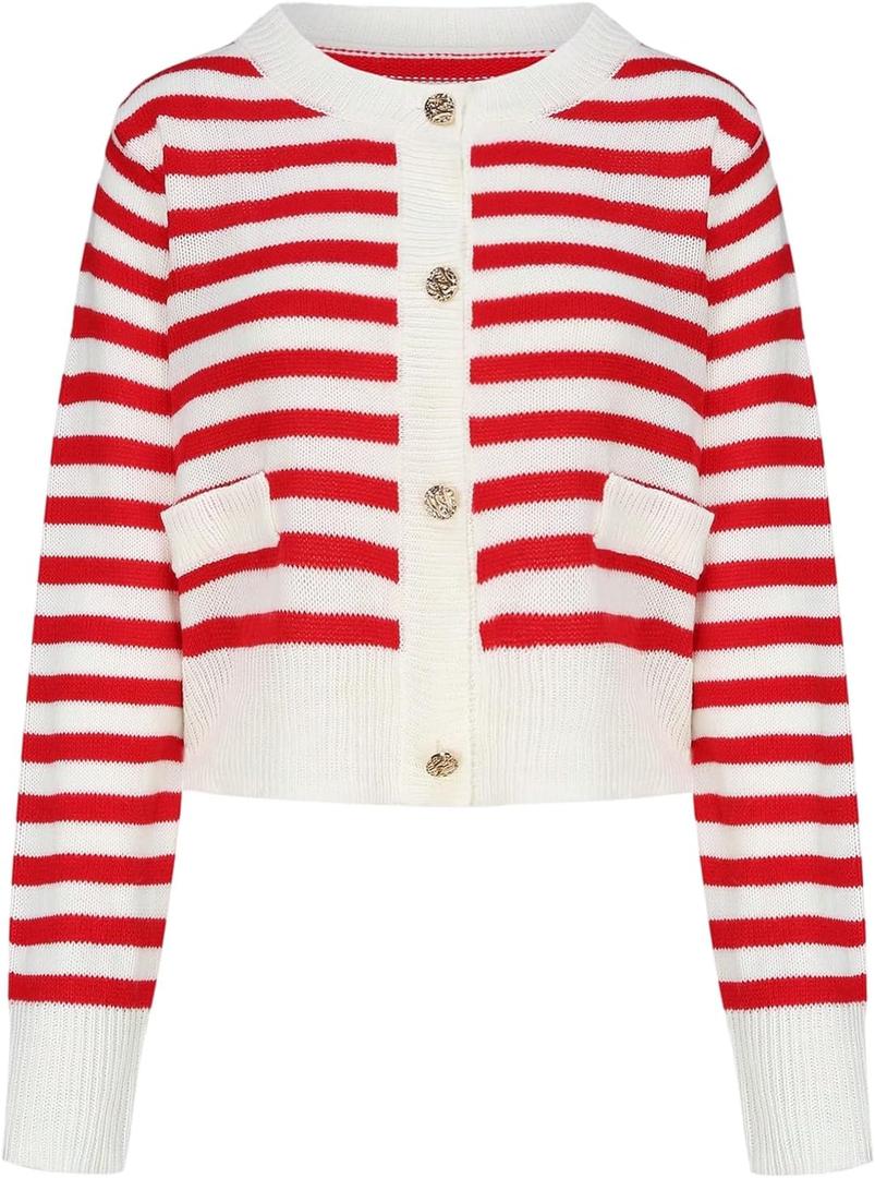 Floerns Women's Striped Long Sleeve Cardigans Button Down Crewneck Fall Outfit Sweaters Outerwear (M)