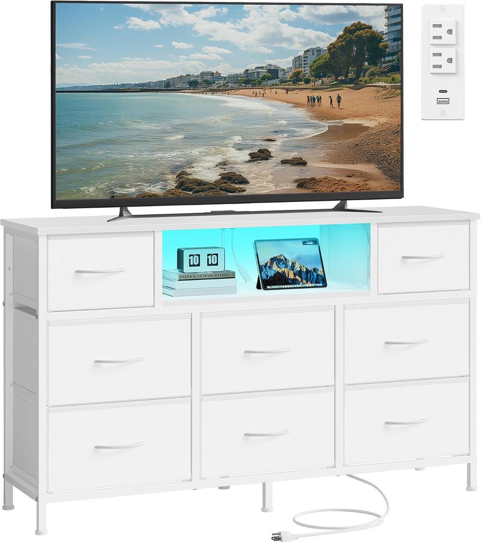 SONGMICS BELLAH Collection - Dresser for Bedroom with Outlets and LED Lights, TV Stand for TVs Up to 55 Inches, Chest of Drawers, 8 Drawers, Steel, Modern, Cloud White ULGS433WH02S