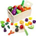 Wooden Play Food Sets for Kids Kitchen Fake Food Cutting Fruit and Vegetables Pretend Play Toddler Toys Food Montessori Toys for 3 4 5 6 7 Years Old Gifts for Boys and Girls