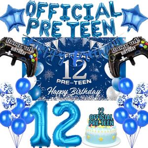 12th Birthday Decorations Boy Balloons - 42 Pcs Blue Banner Balloon Backdrop Cloth Number 12 Cake Topper Game Controllers Star Foil Baloons For 12 Year Old Boys Birthday Party Official Pre Teen