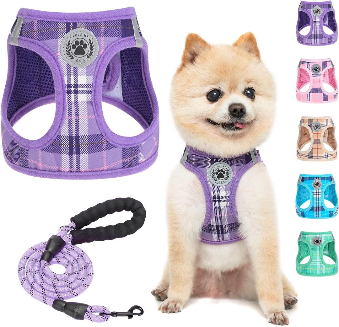 BEAUTYZOO Small Dog Harness and Leash Set,Step in No Choke No Pull Soft Mesh Dog Harnesses Reflective for Extra-Small Medium Puppy Dogs and Cats, Plaid Dog Vest Harness for XS S Pets, Purple S (Small(Chest Girth 14.5" - 16"))