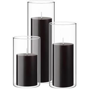 Shihanee Set of 3 Pillar Candles and 3 Glass Cylinder Candle Vases Holders Clear Pillar Jars for Wedding Centerpieces(2.6'' X 4.7'', 5.9'', 7.9'',Black)