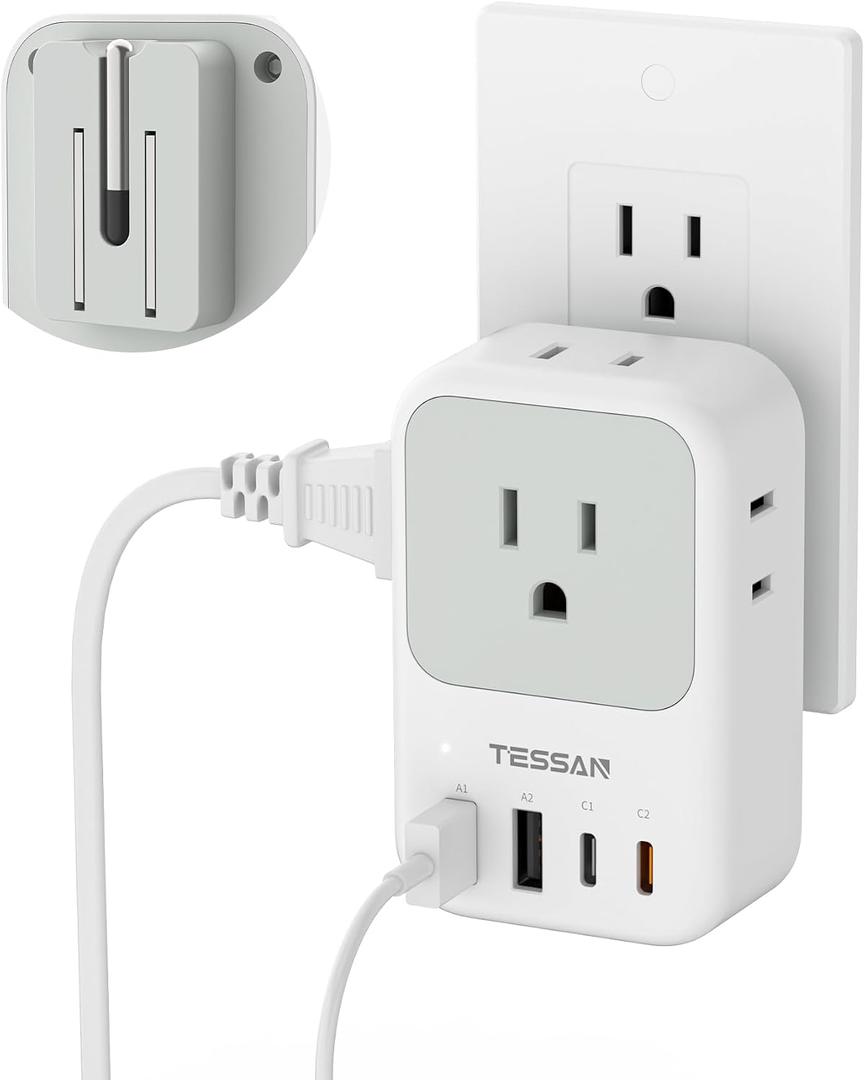 USB C Charger Block 20W, TESSAN PD Fast Charging Adapter with Foldable Plug, 1875W Power Outlet Extender(4 AC and 4 USB) for Cruise, Home, Office, Dorm