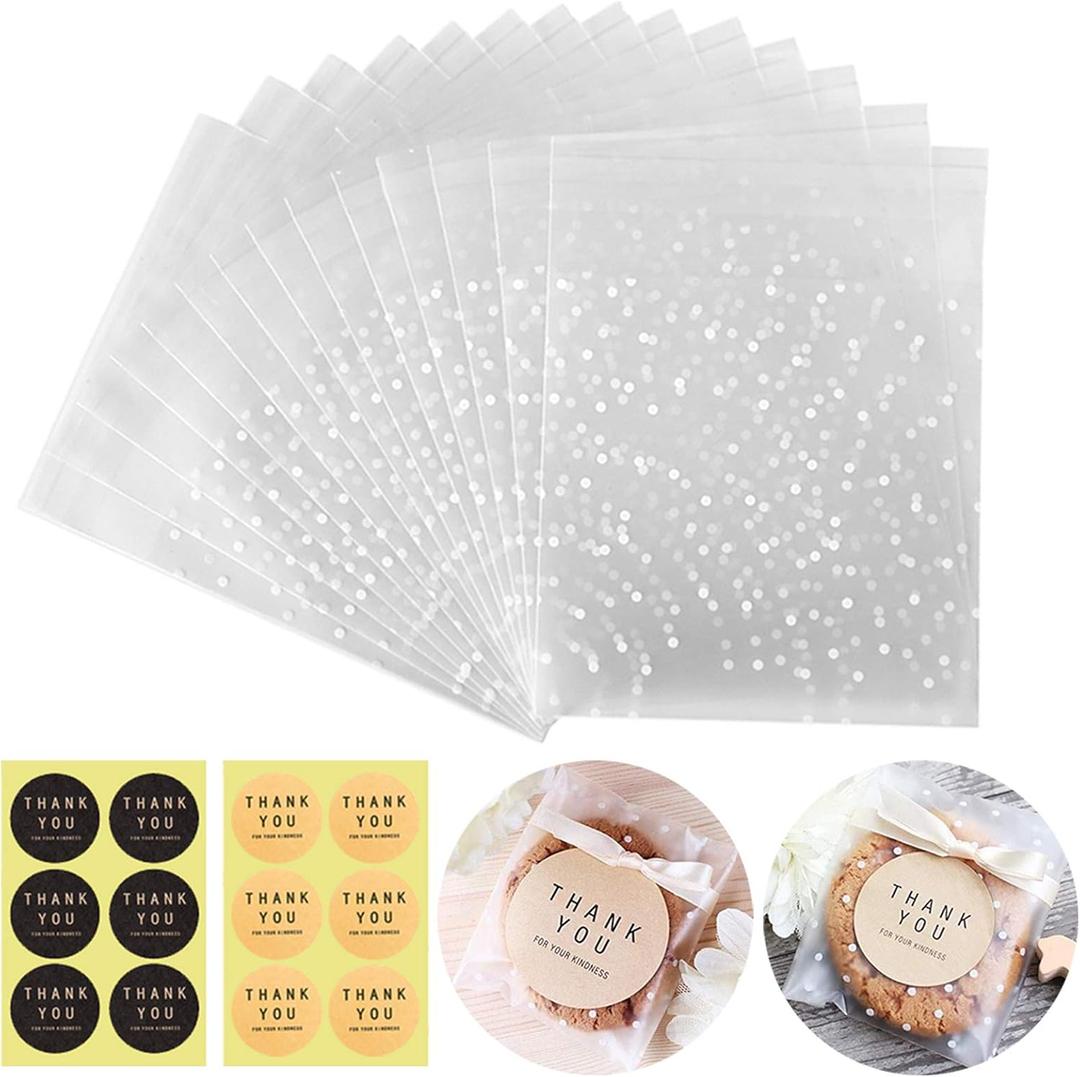 100 Packs Self Sealing Cellophane Treat Bags 5x7 Inches, Searik 4 Mils Resealable Plastic Pastry Cookie Bags with Thank You Labels for Party Gift Giving Bakery Candy Cookie Chocolate