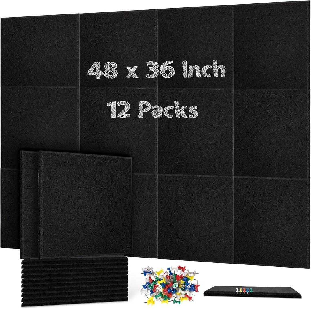 DOLLAR BOSS Large Cork Board for Wall 48" x 36" x 0.5" Bulletin Board 12 Packs Black Cork Board Tiles Self Adhesive Felt Wall Tiles with Pushpins, Corkboard for Office Pin Board Tack Board, Black (12PCS)