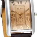 Avaner Mens Square Watch, Vintage Leather Cuff Watch, Roman Numeral Analog Quartz Wristwatch, Leather Strap Classic Retro Watch with Auto Calendar Window
