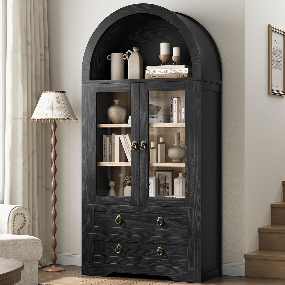 Kitchen Pantry Cabinet, Arched Bookshelf Bookcase China Pantry Storage Cabinet with Drawers Doors and Shelves,71“ Tall Food Pantry Funiture for Living Room,Dining Room (Black)