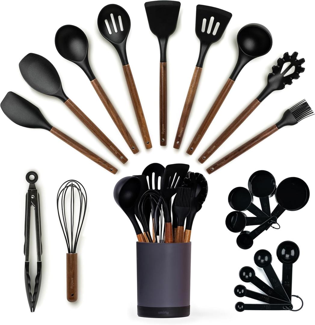 SMIRLY Kitchen Utensils Set  22-Piece Silicone Cooking Utensils Set, Spatula Set with Holder, Wooden Handle Silicone Kitchen Gadgets for Nonstick Cookware (Black)