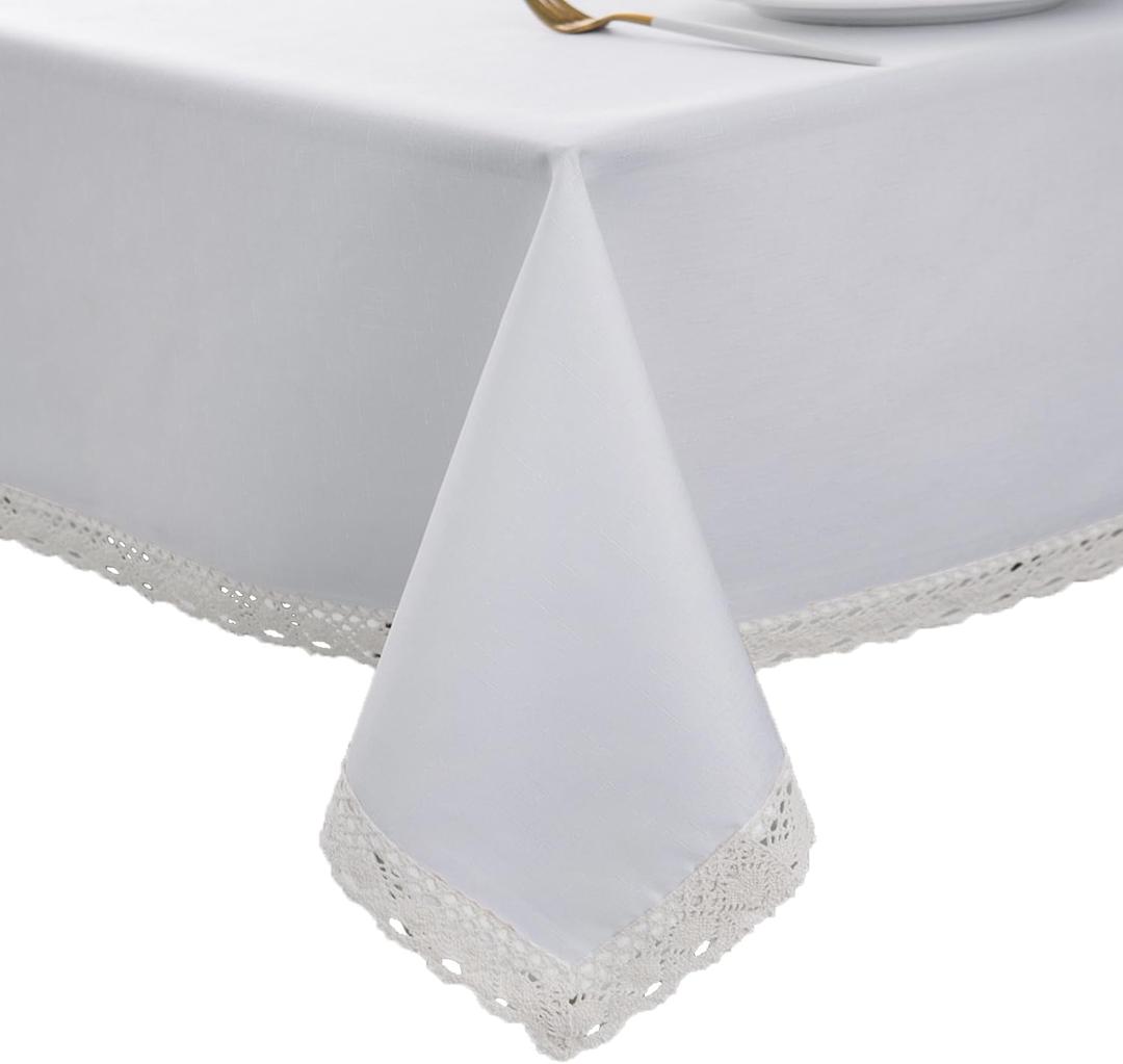 EHouseHome Faux Linen Tablecloth with Lace Trim - Waterproof/Spill Proof/Stain Resistant/Wrinkle Free/Oil Proof - for Banquet, Parties, Dinner, Wedding, Holiday, White, Rectangle, 60x120Inch
