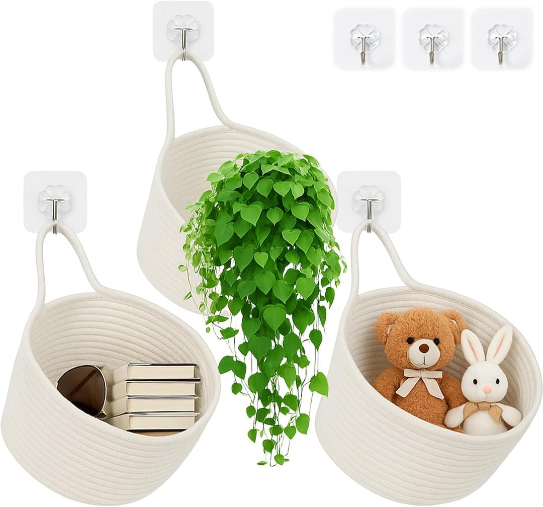 ShellKingdom Hanging Baskets, 3Pack Woven Wall Mounted Storage Basket with 3 Pcs Hooks, Boho Pouchs Bag Organizers for Home Office Living Room Bathroom Door Wall Decoration Caddy Bins (White)