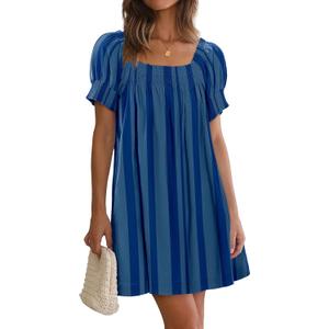 Women Summer Mini Dress Casual Puff Short Sleeve Square Neck Flowy Ruffle A Line Smocked Short Beach Dresses Pockets (Medium, Blue) Women Summer Mini Dress Casual Puff Short Sleeve Square Neck Flowy Ruffle A Line Smocked Short Beach Dresses Pockets (Medium, Blue)