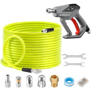 M MINGLE Sewer Jetter Kit for Pressure Washer 150 FT, Drain Cleaner Hose with Power Washer Gun, 1/4 Inch NPT Corner Rotating and Button Nose Sewer Jetting Nozzle, Orifice 4.0, 4.5 (Yellow)