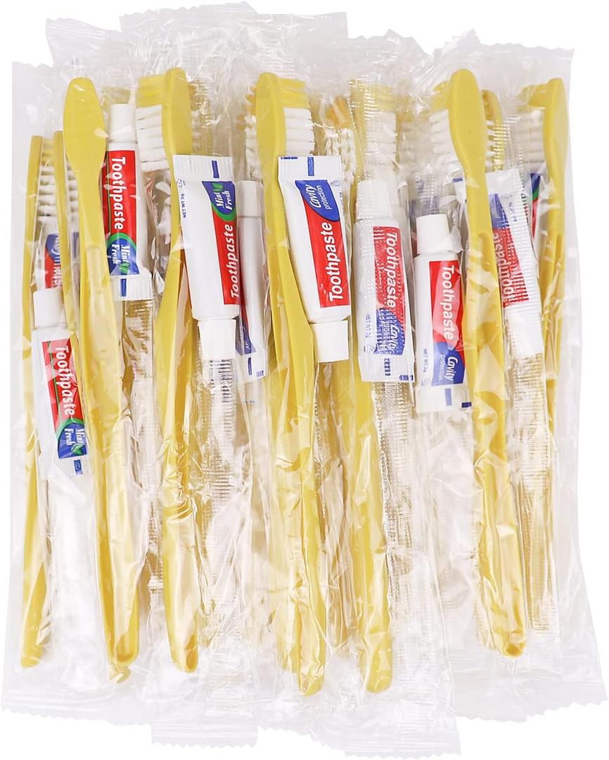 Disposable Toothbrushes with Toothpaste,200 Pack Yellow Hollow Individually Wrapped Disposable Travel Toothbrushes Kit in Bulk for Homeless,Nursing Home,Hotel,Charity