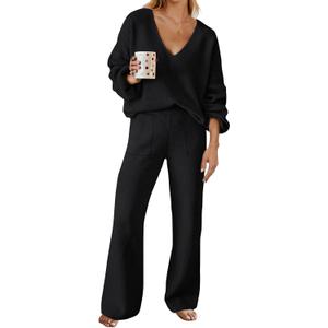 MEROKEETY Women's 2 Piece Outfits Long Sleeve V Neck Knit Pullover Tops and Wide Leg Pant Lounge Set (Black, S)