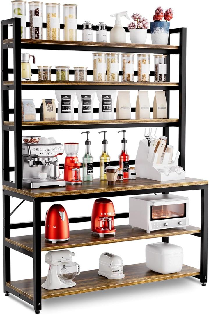 Aquzee Bakers Racks for Kitchens with Storage, 6 Tiers Large(47.2W x 15.7D x 70.8" H) Kitchen Stand with Hutch, Freestanding Organizer with Shelves,Rustic Brown (Rustic Brown Board + Black Frame)