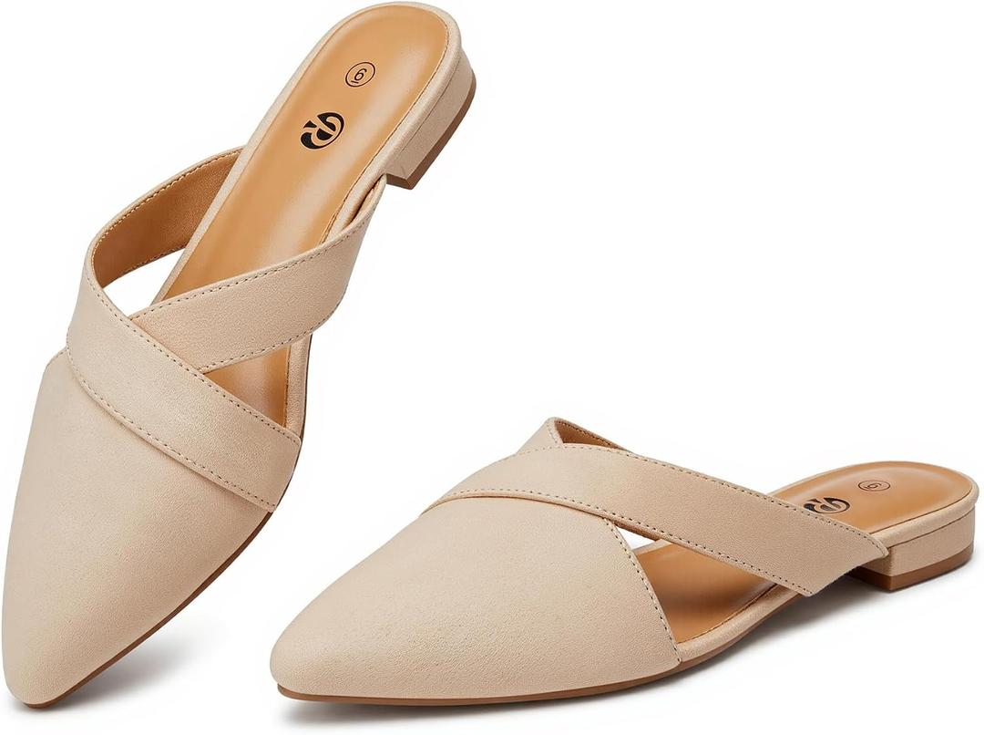Rekayla Mules for Women Pointed Toe Flats Backless Loafers Slip On Shoes for Women, Nude Size 7