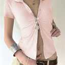 SweatyRocks Women's Summer Striped Top Button Down Slim Fit Shirts Short Sleeve Tee Shirt (Pink, L)