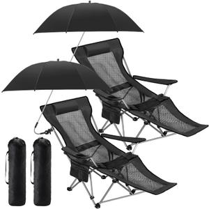 Yuntau 2 Set Reclining Beach Chairs with Umbrella & Footrest, Portable Adjustable Folding Mesh Lounge Chair with Shade Canopy Headrest & Storage Bag for Camping, Fishing, Outdoor, Patio(Black)