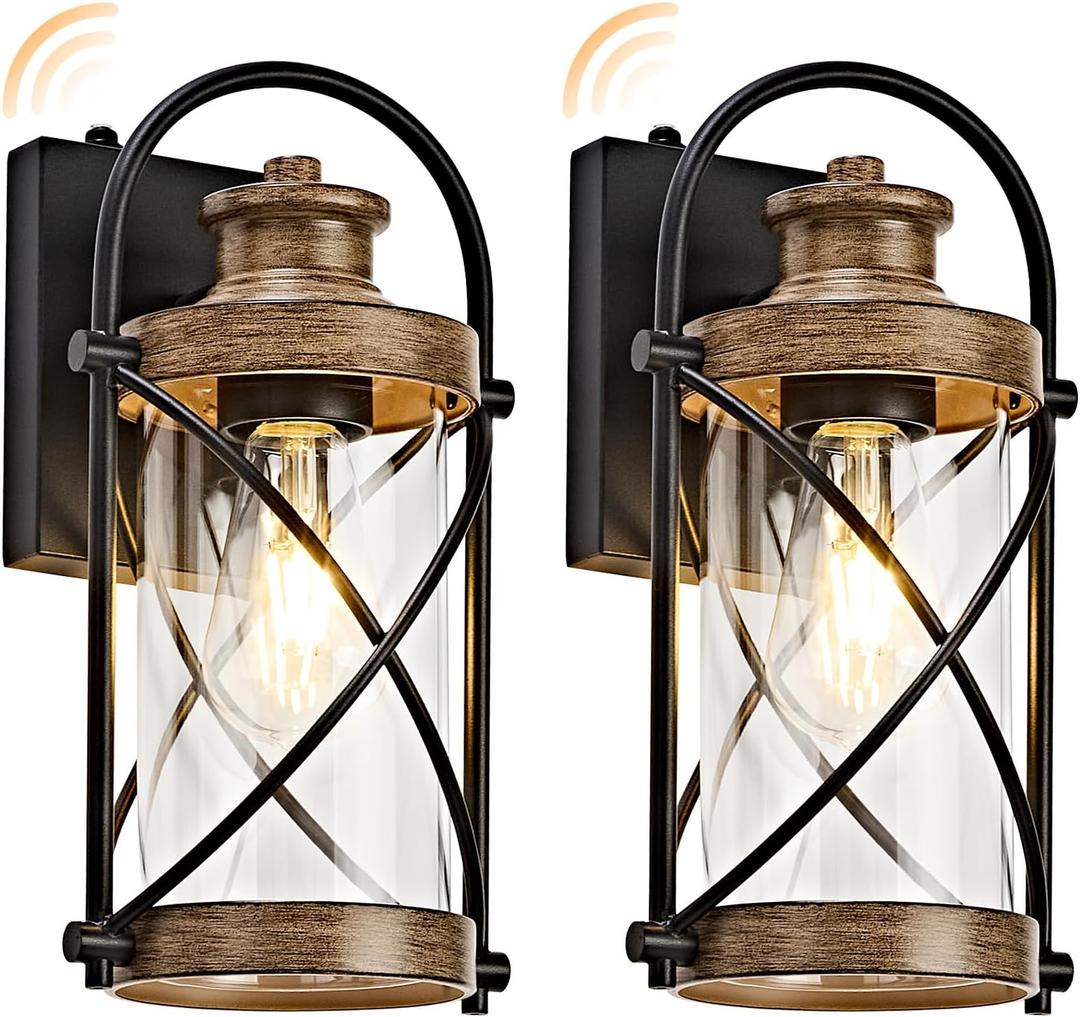 Dusk to Dawn Outdoor Wall Lights Fixtures, Waterproof Exterior Lighting Fixtures with Photocell Sensor,Vintage Faux Wood Grain Metal Cage Lantern Outside Lights for Porch Patio House Garage2 Pack