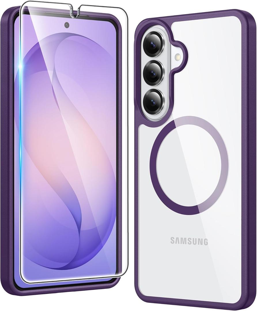 FNTCASE for Samsung Galaxy S26 Case: Clear Magnetic Phone Cases with Screen Protector Compatible with Magsafe Slim Anti Yellowing Shockproof Protective Transparent Cover (Purple Magnetic)