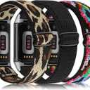 Wearlizer 3 Packs Adjustable Elastic Band Compatible with Fitbit Charge 6 Bands/Charge 5 Bands for Women Men, Stretchy Loop Strap Soft Nylon Sport Wristband Accessories for Charge 6/5 Fitness Tracker (Leopard/Black/Boho Colorful)