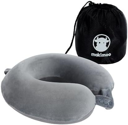 Makimoo Travel Neck Pillow, Top Memory Foam Pillow for Head Support, Ideal for Airplanes, Cars, and Home Recliners, Adjustable and Soft (Grey)