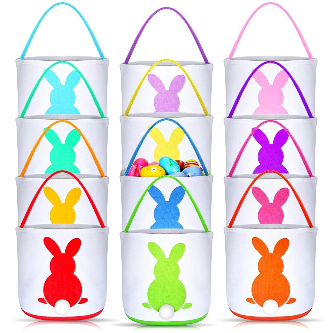 Jexine 12 Pcs Easter Bunny Basket Bags Bulk for Kids Gift Bucket Easter Eggs Hunt Basket with Handle Rabbit Fluffy Tails Bunny Tote Bag Bucket for Spring Party(Bright Color,Matte)