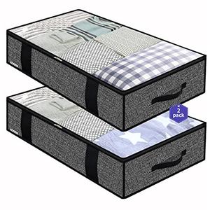 Onlyeasy Foldable Underbed Bags - 2 Pack Blankets Clothes Comforters Storage Bag Breathable Zippered Organizer for Bedroom with Clear Window and 4 Handles, 100 x50 x15cm, Linen-Like Black, MXAUBBP2