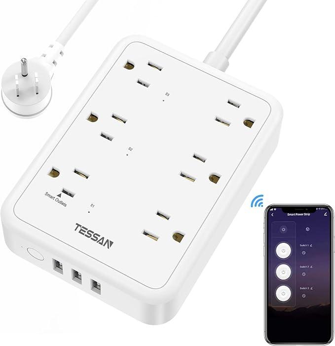Smart Power Strip, TESSAN WiFi Flat Plug Strip with 3 Smart Outlets and 3 USB Ports, 6 Feet Extension Cord Surge Protector, Only 2.4 GHz Wi-Fi, Compatible with Alexa and Google Home, White