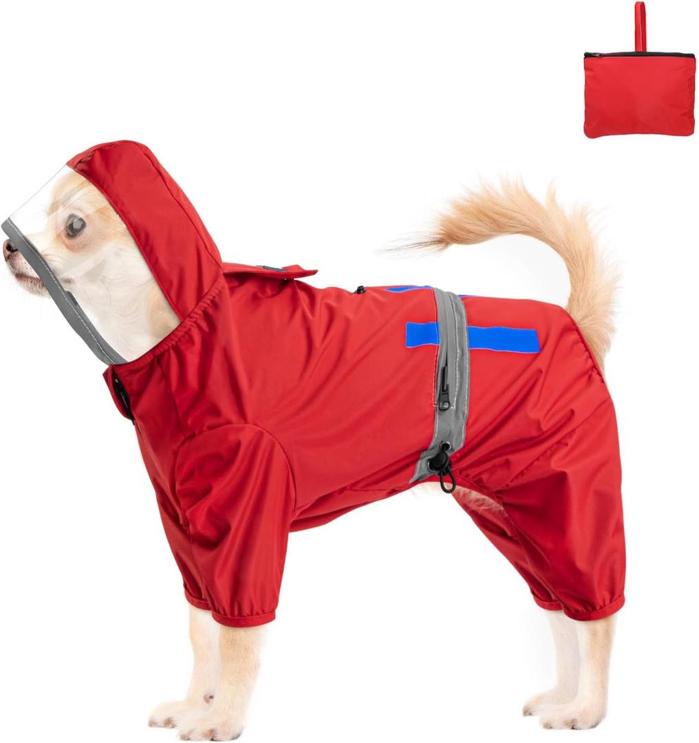 Waterproof Dog Raincoat,Full Coverage 4 Legs Dog Rain Jacket, Dogs,Pet Rain Coat with Hood,Reflective Strips&Leash Hole Outdoor Raincoat (X-Largefor Weight 11.1-14.6 lb, Red)