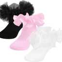 SAOROPEB Toddler Ruffle Socks, 3 Styles5 Size, Frilly Dress Socks for Girls Princess Lace Ruffles Socks Set (8-10 Years, White-pink-black)